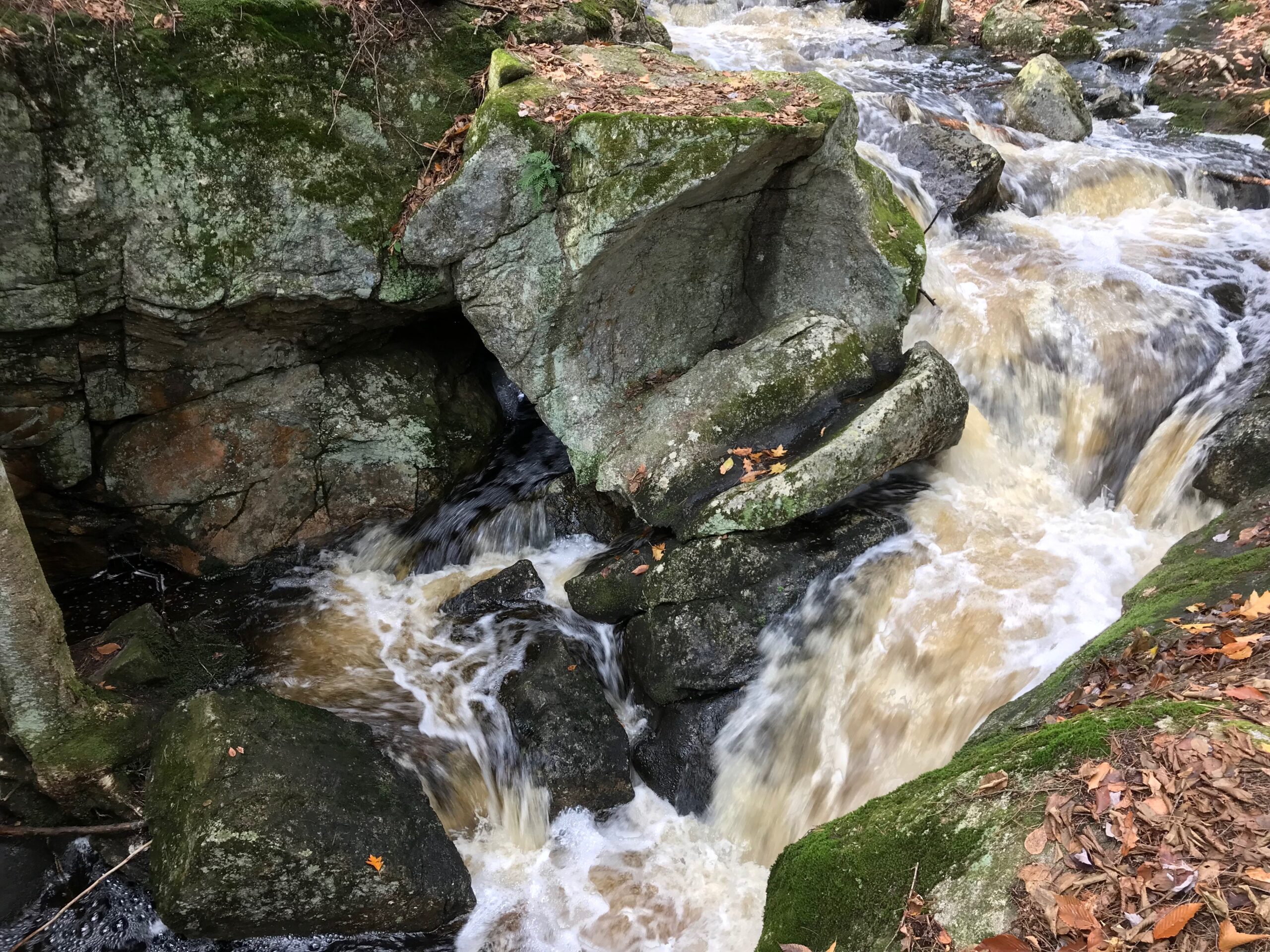Water cascades over the rocks at Royalston Falls