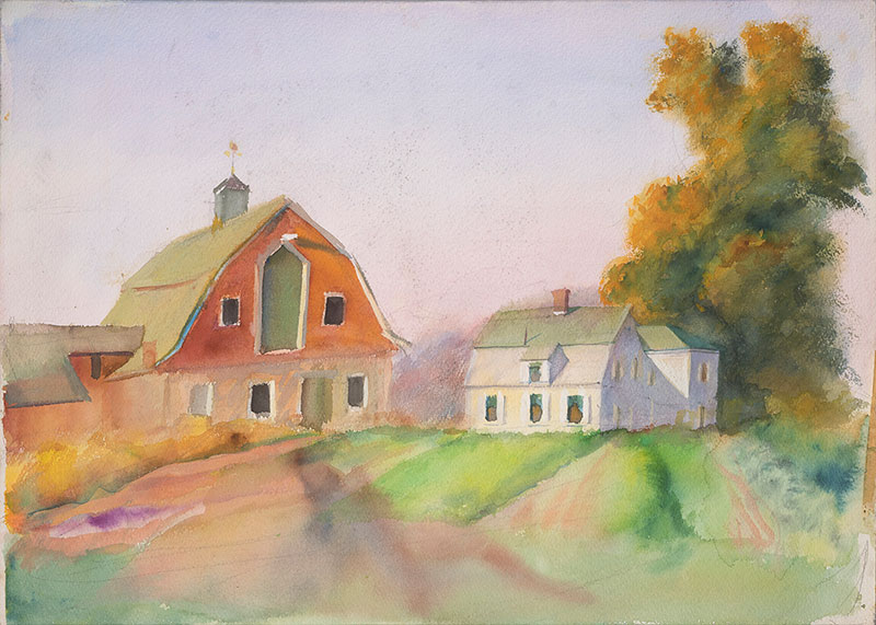 a water color of a house and barn