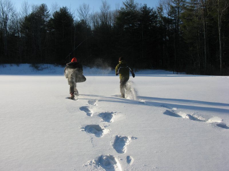 people running in showshoes