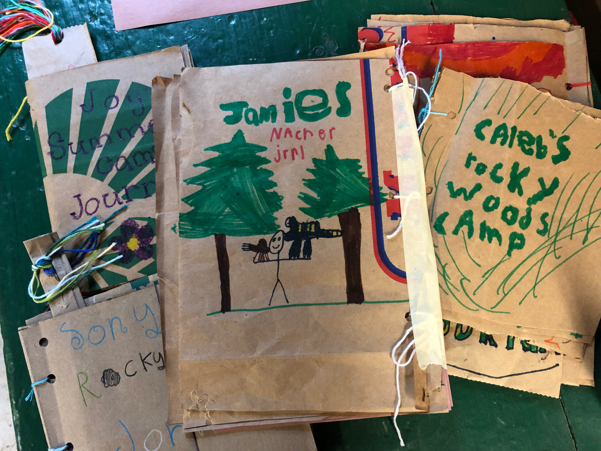 Booklets made by campers featuring trees and hand-drawn animals