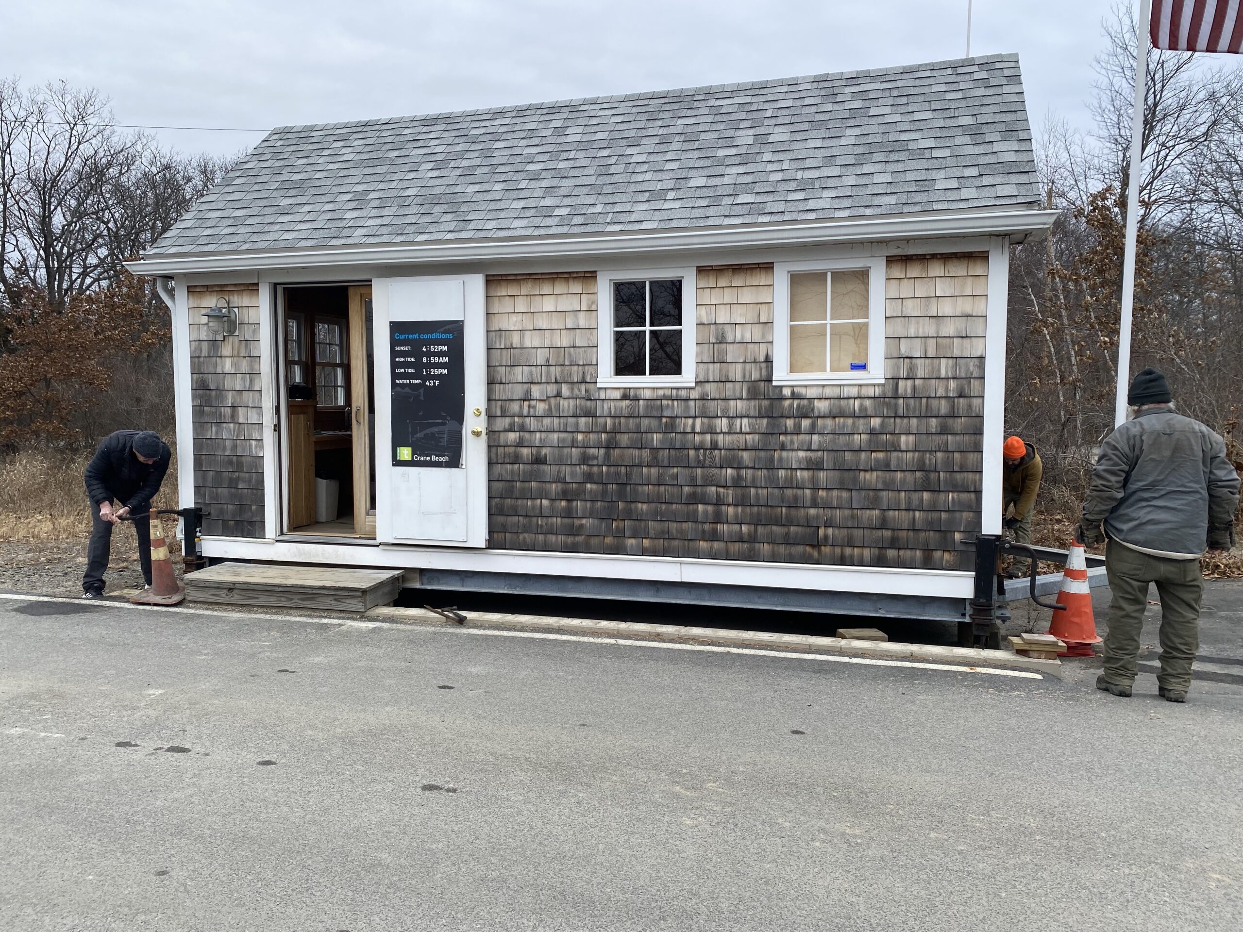 The moveable gatehouse at Crane Beach is raised 12