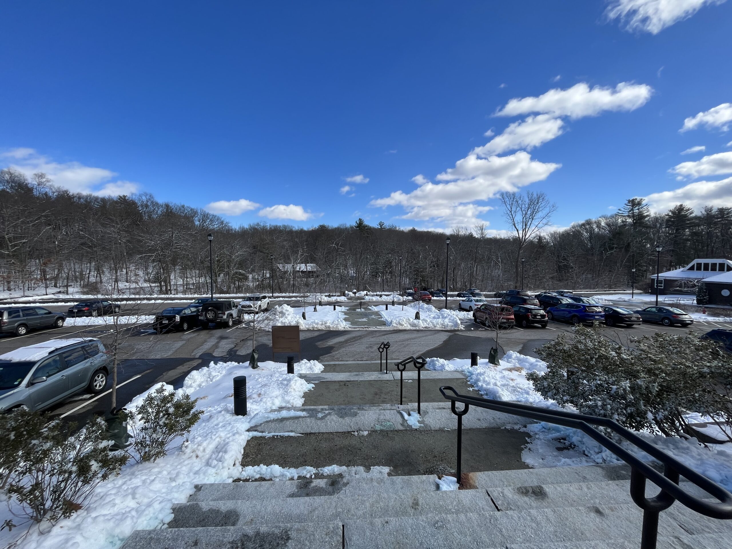 a birds eye view of the deCordova parking lot in the winter