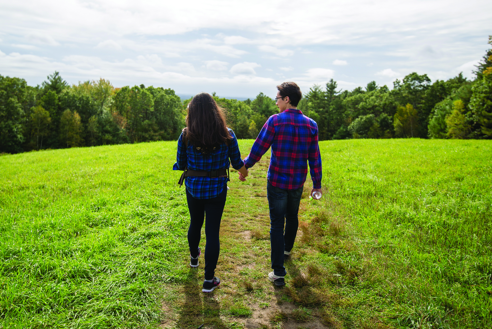 Two people viewed from the back walking hand in hand down a path in the middle of a sunny field