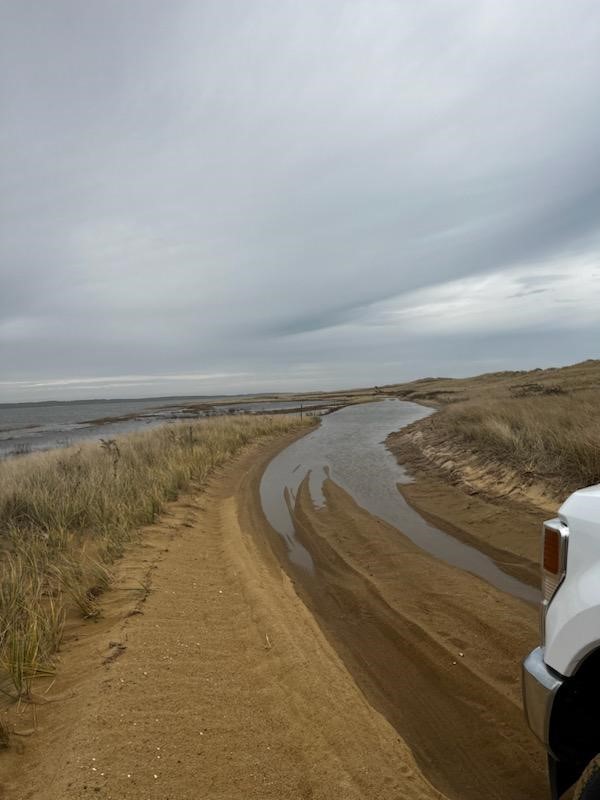 a truck drives over a flooded beach road