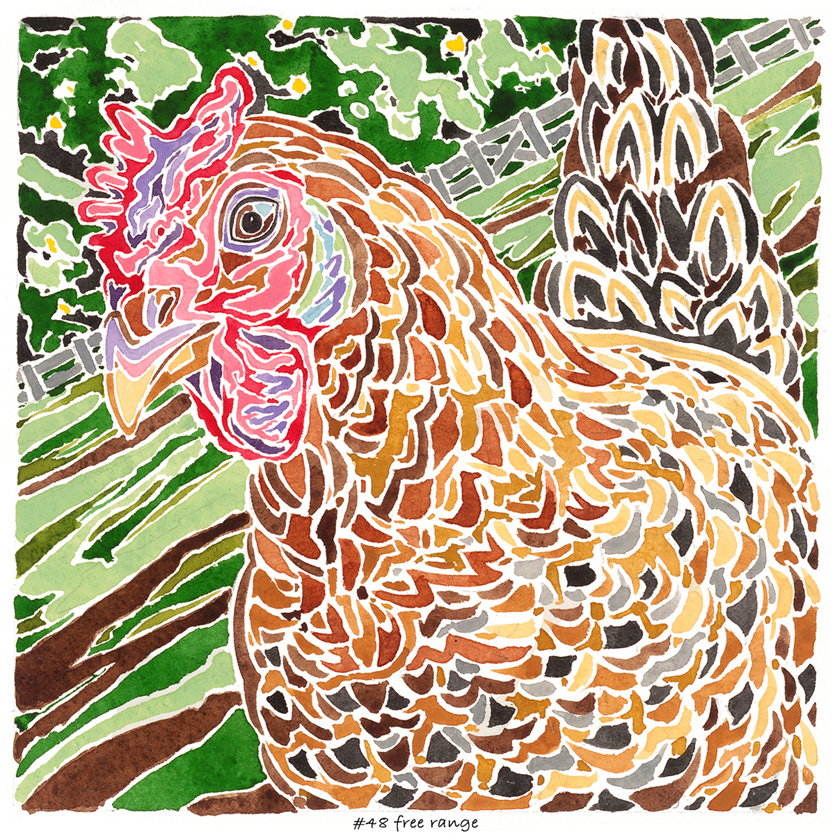 a colorful image of a chicken with the title free range