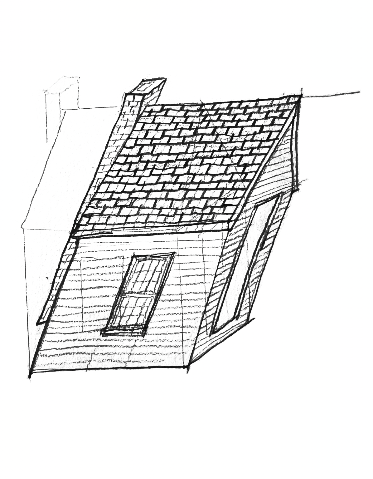a pencil drawing showing a slanted house, by the artist hugh hayden