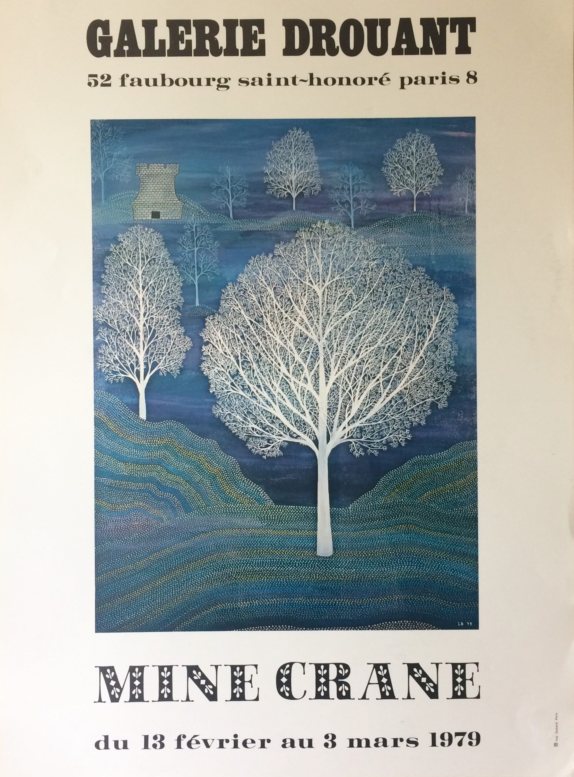 a poster in French from an art show in Paris, featuring the work of Mine Crane