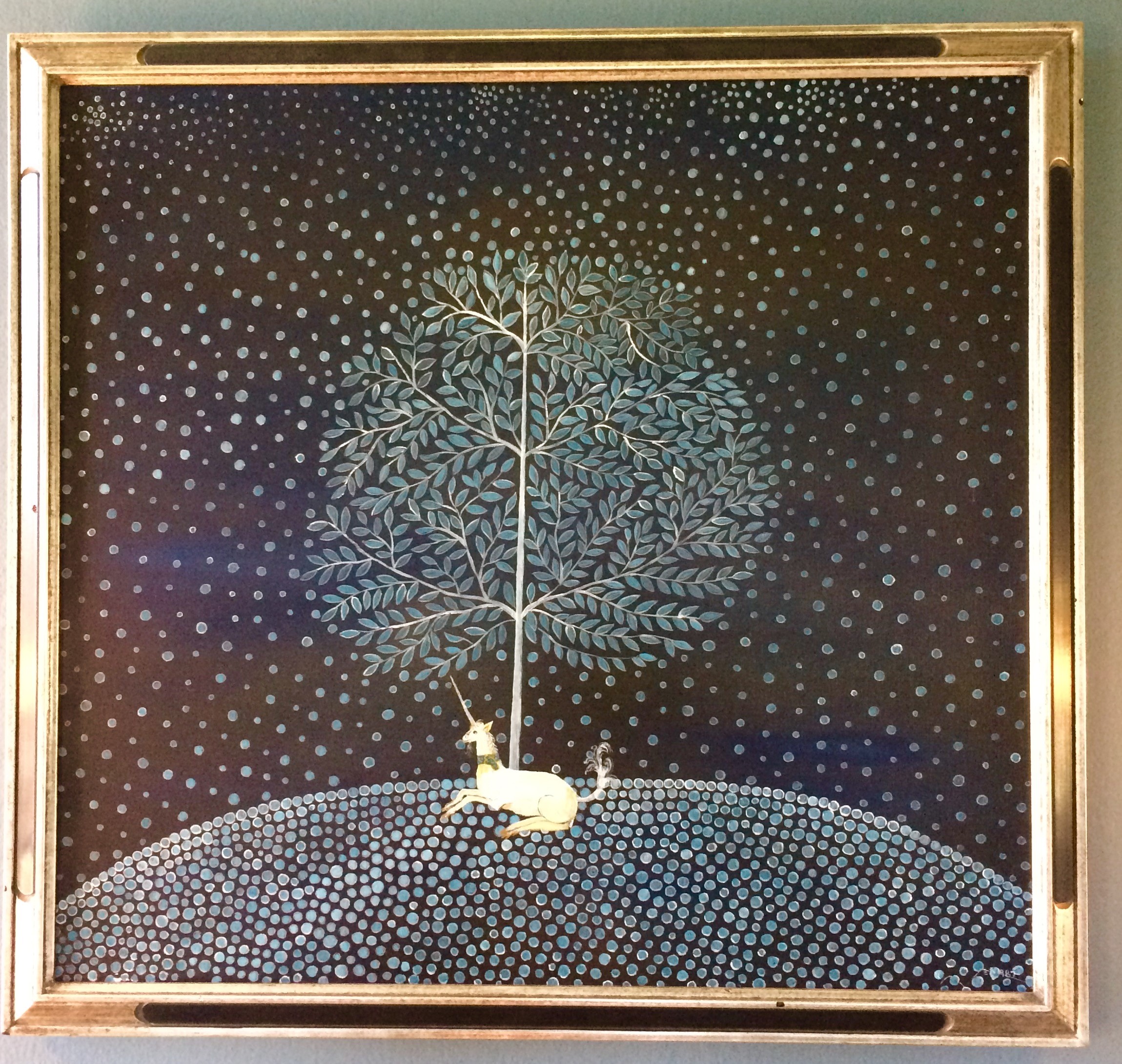 A painting of a tree and a unicorn by mine crane