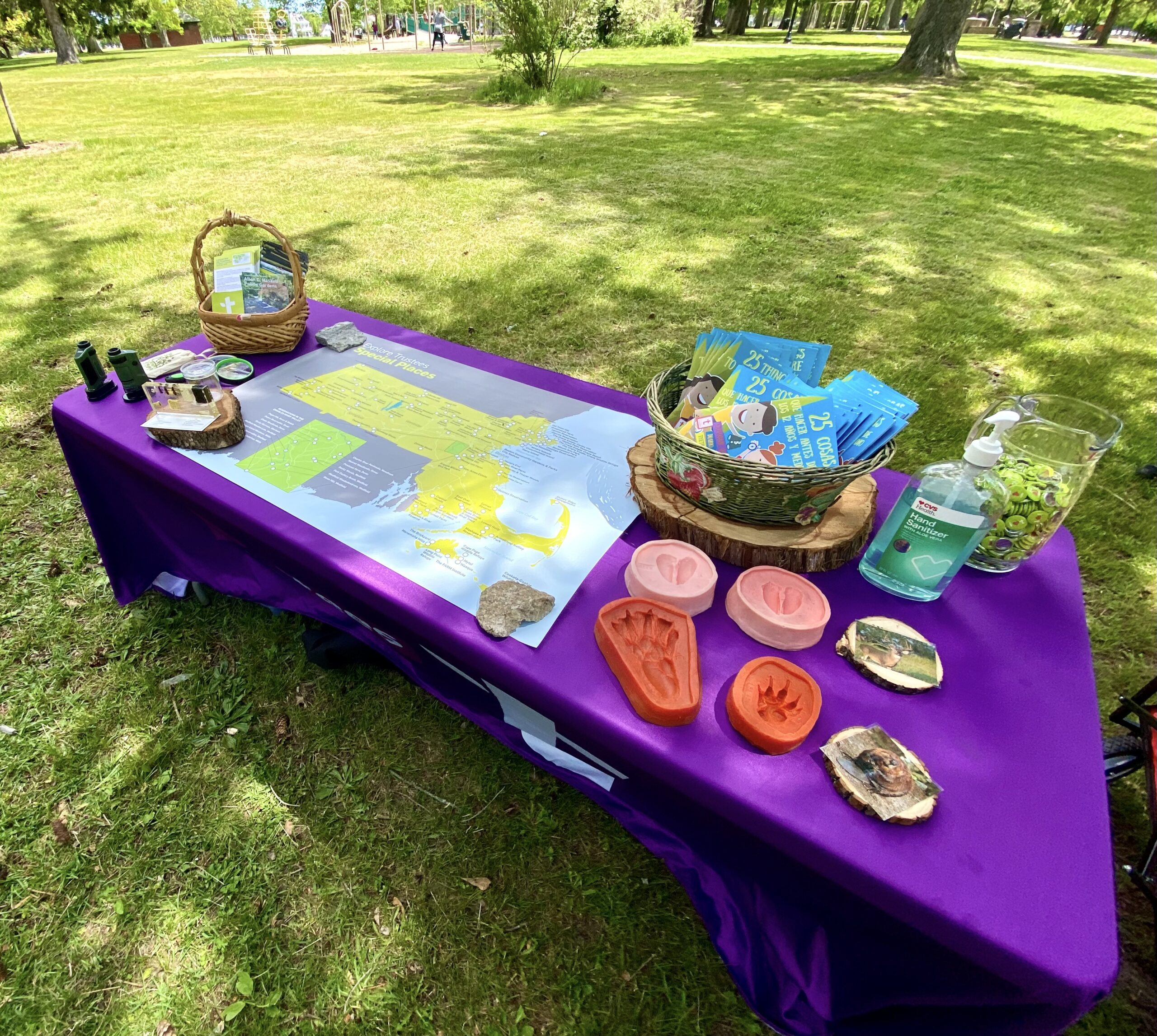 a table with a purple tablecloth and props for playing and exploring