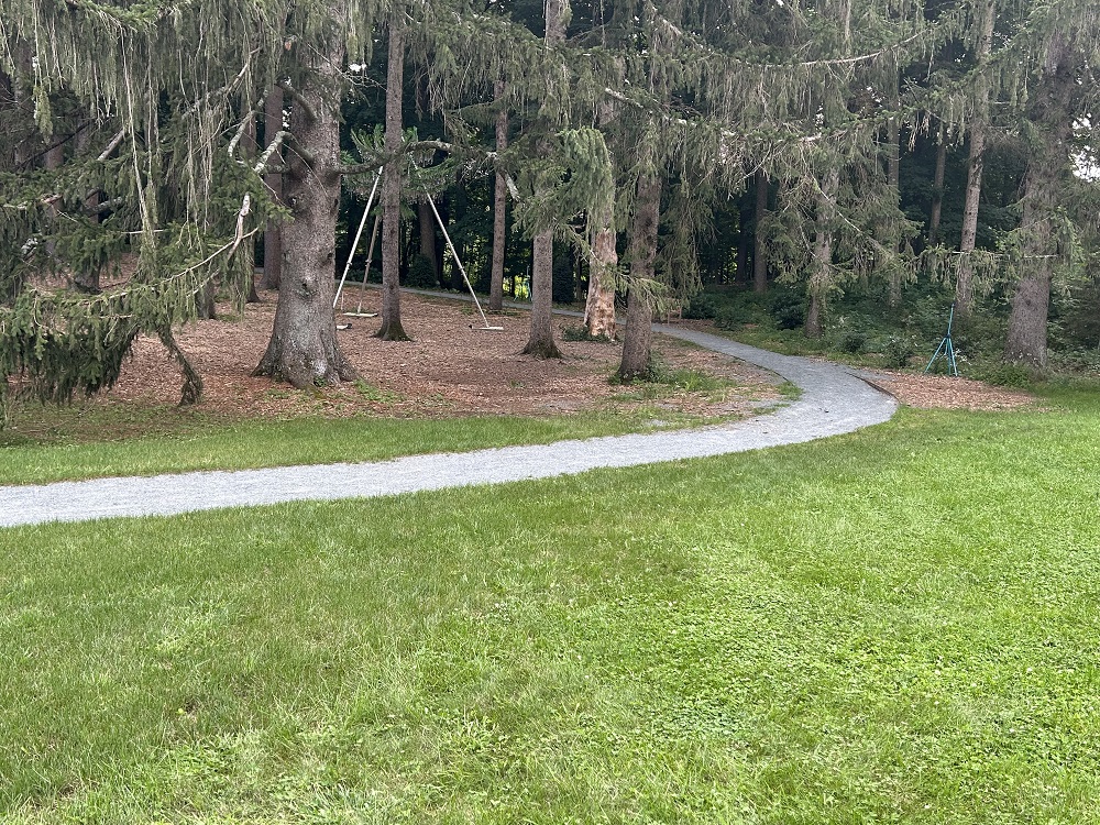 a wide gravel path winding into the trees