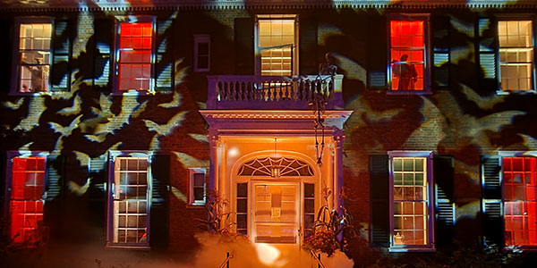 The exterior of the main house at Long Hill decorated for Halloween