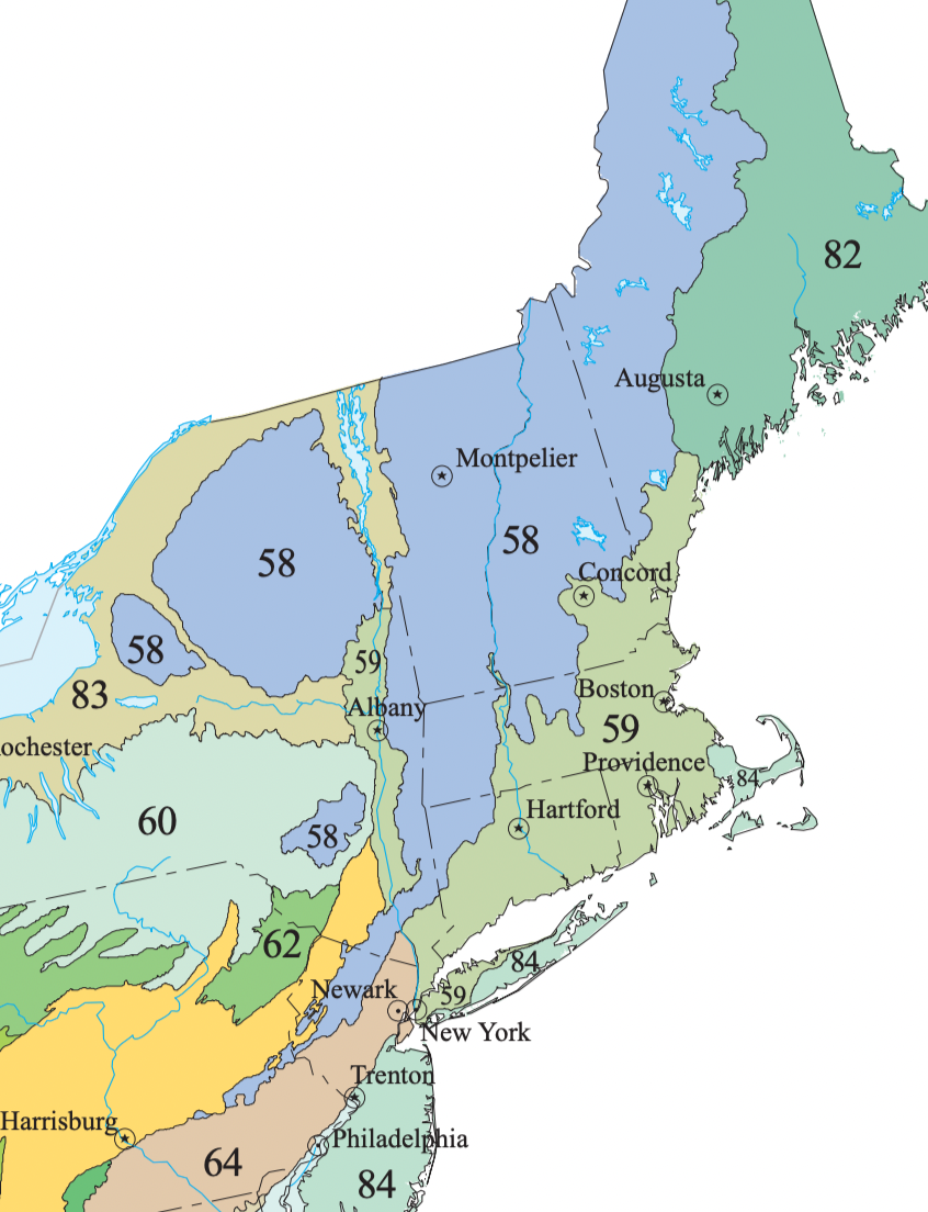 a map showing most of the northeast with different ecology zones