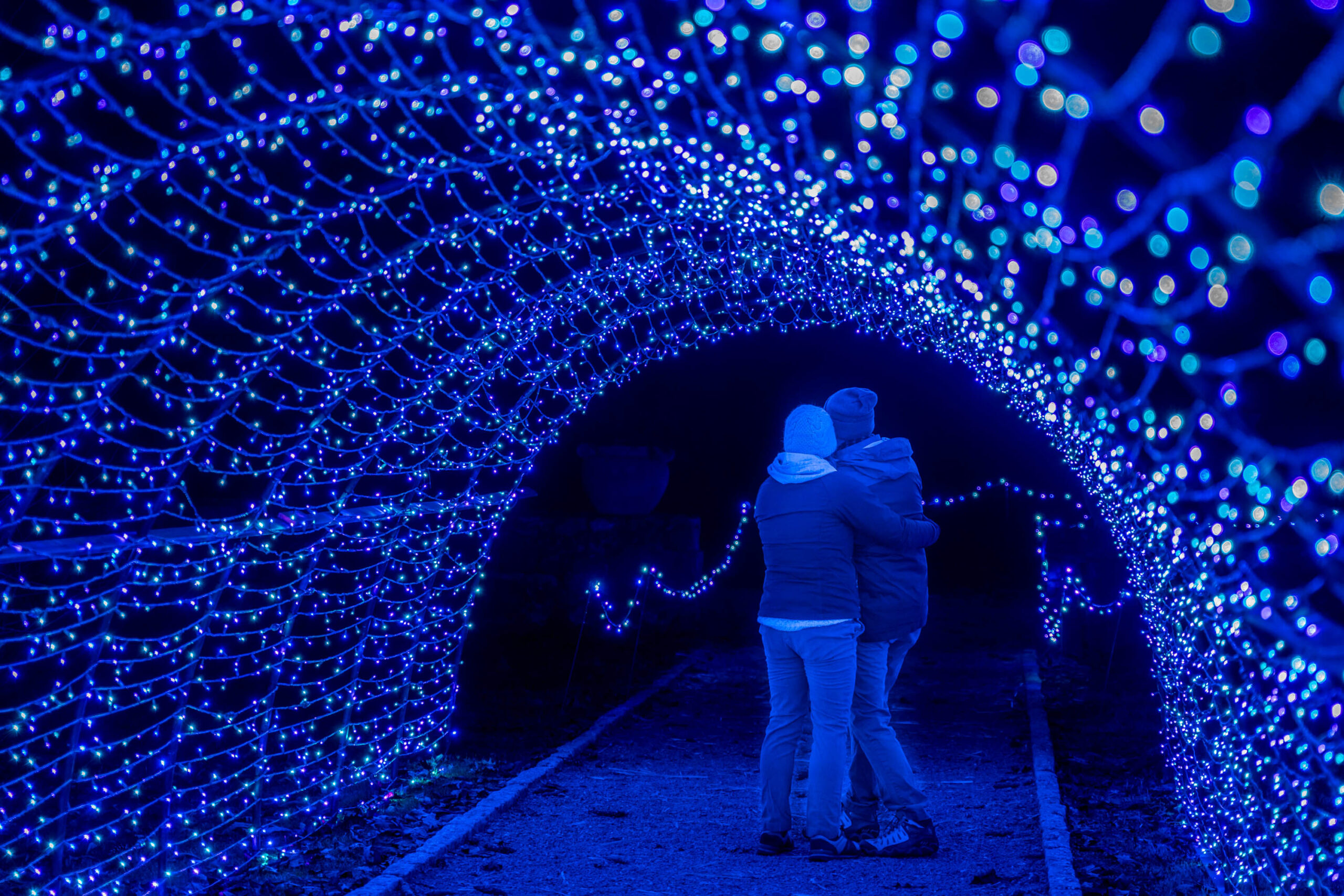 two people with their backs to the camera under a tunnel of lights