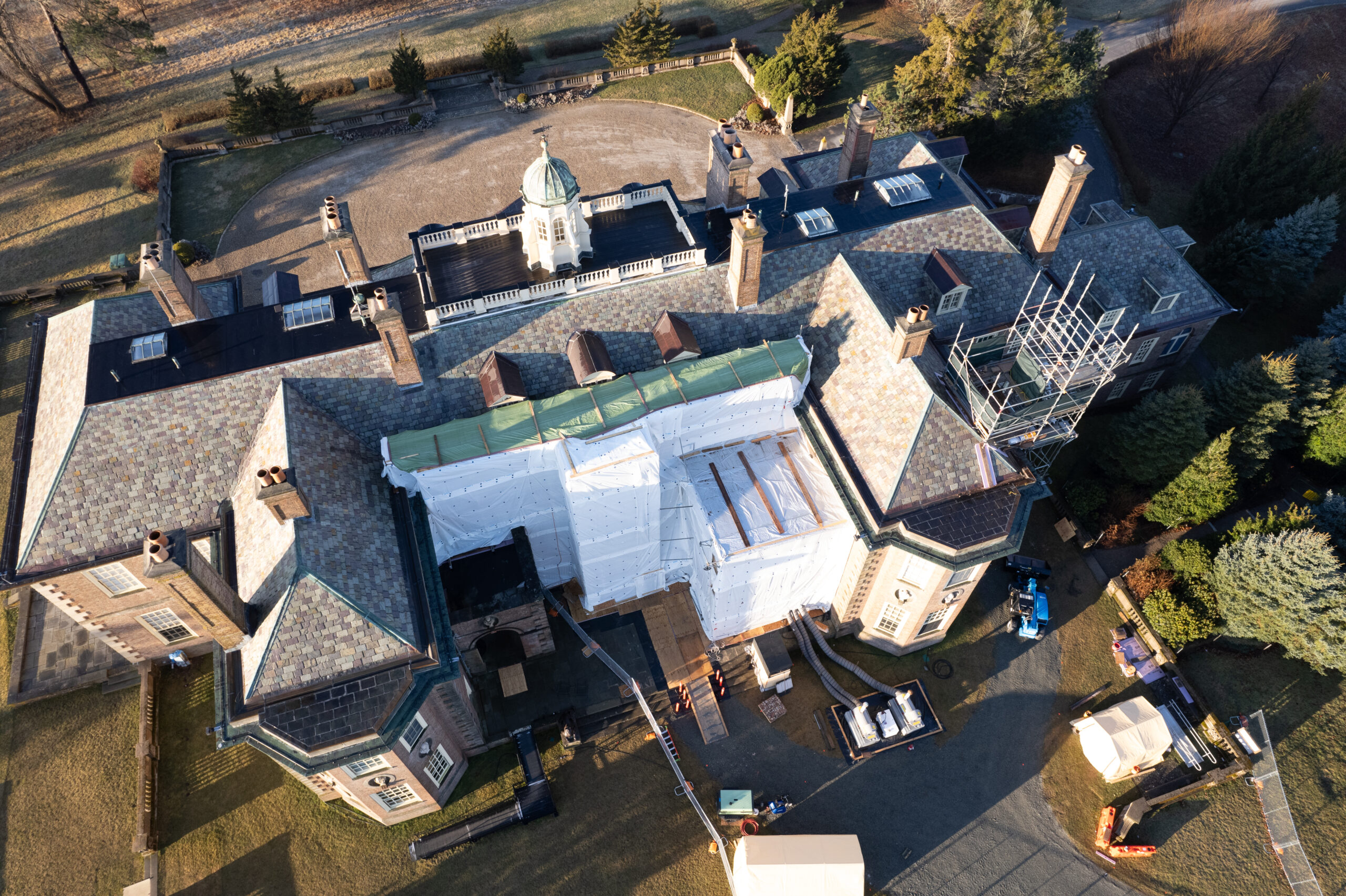 an aerial view of the Great House at Castle hill with scaffolding