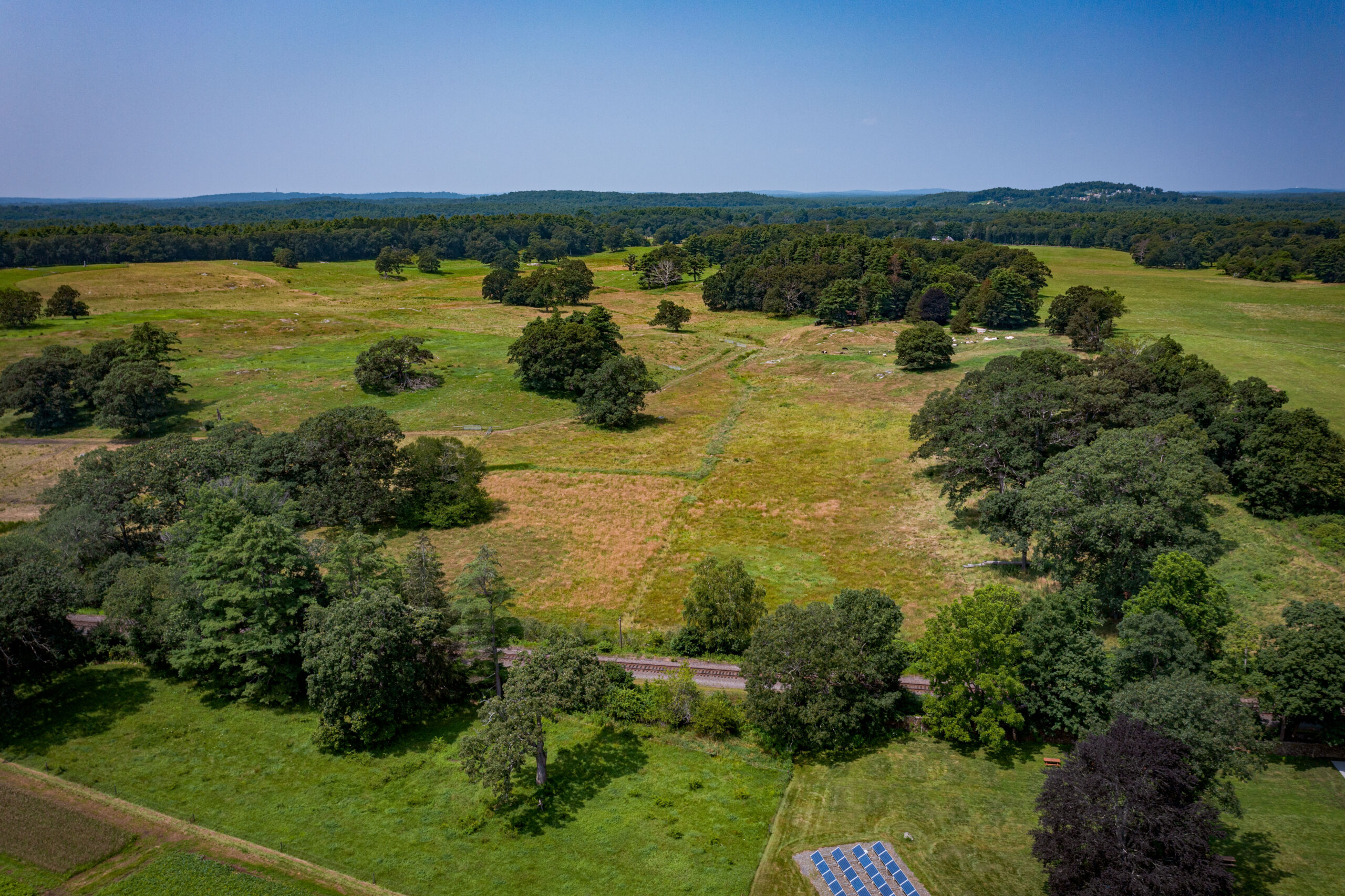 Aerial of Appleton Farms in July - green fields are dotted with darker green trees.