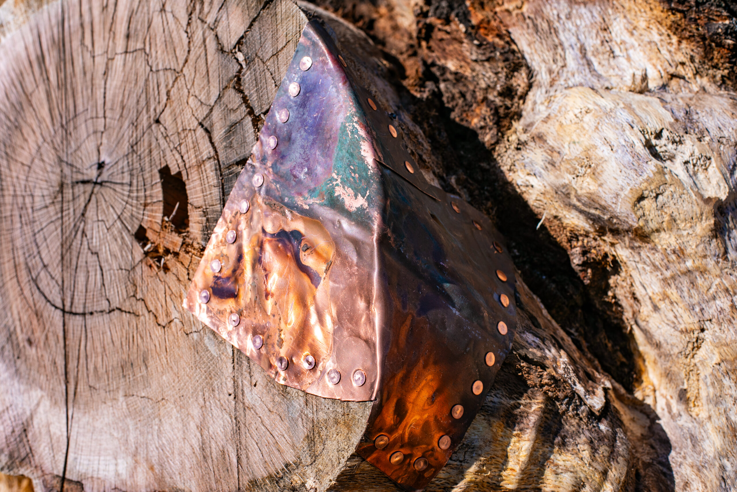 A tree stump is covered in part by reflective copper material.
