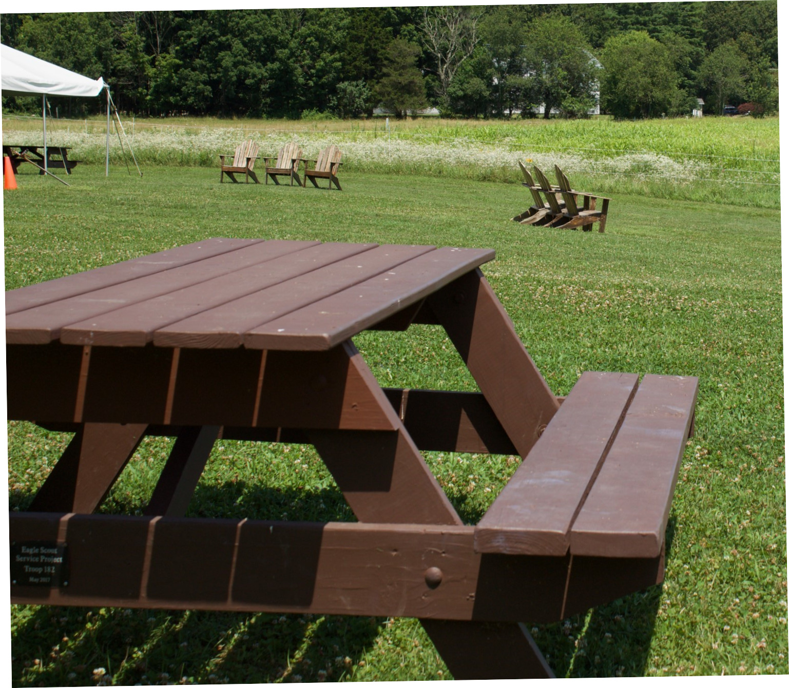 A picnic bench at Powisset Farm