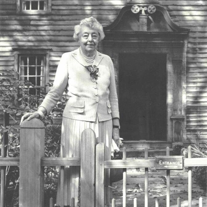 Mabel Choate at the front entrance to the Stockbridge Mission House, early 1950s