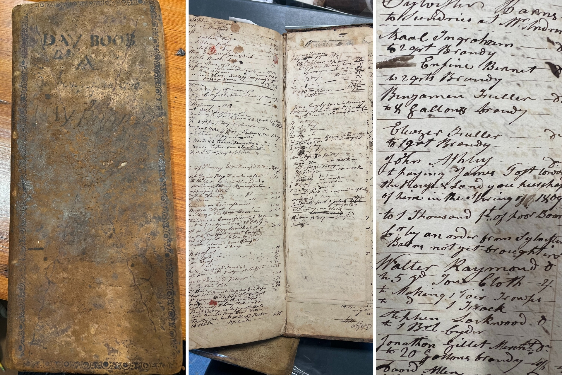 Three images of the surviving Ashley family account books, including the cover, an inside spread, and then a close up of a page.