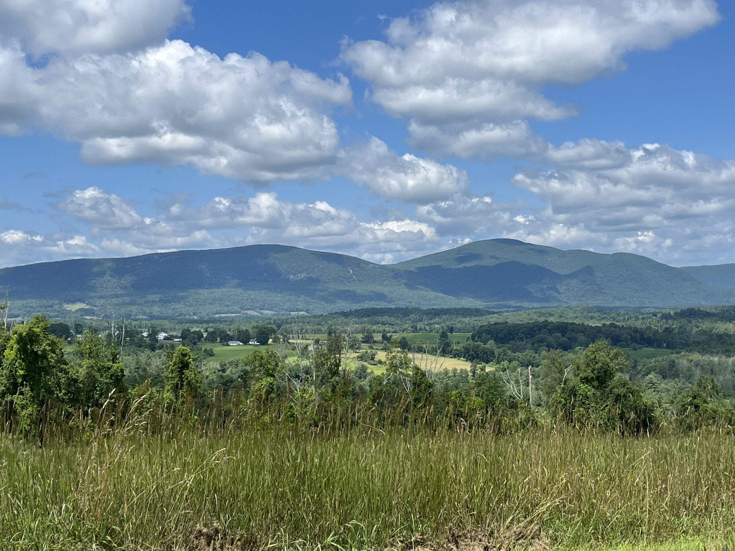 Rolling green hills with a blue sky with fluffy clouds