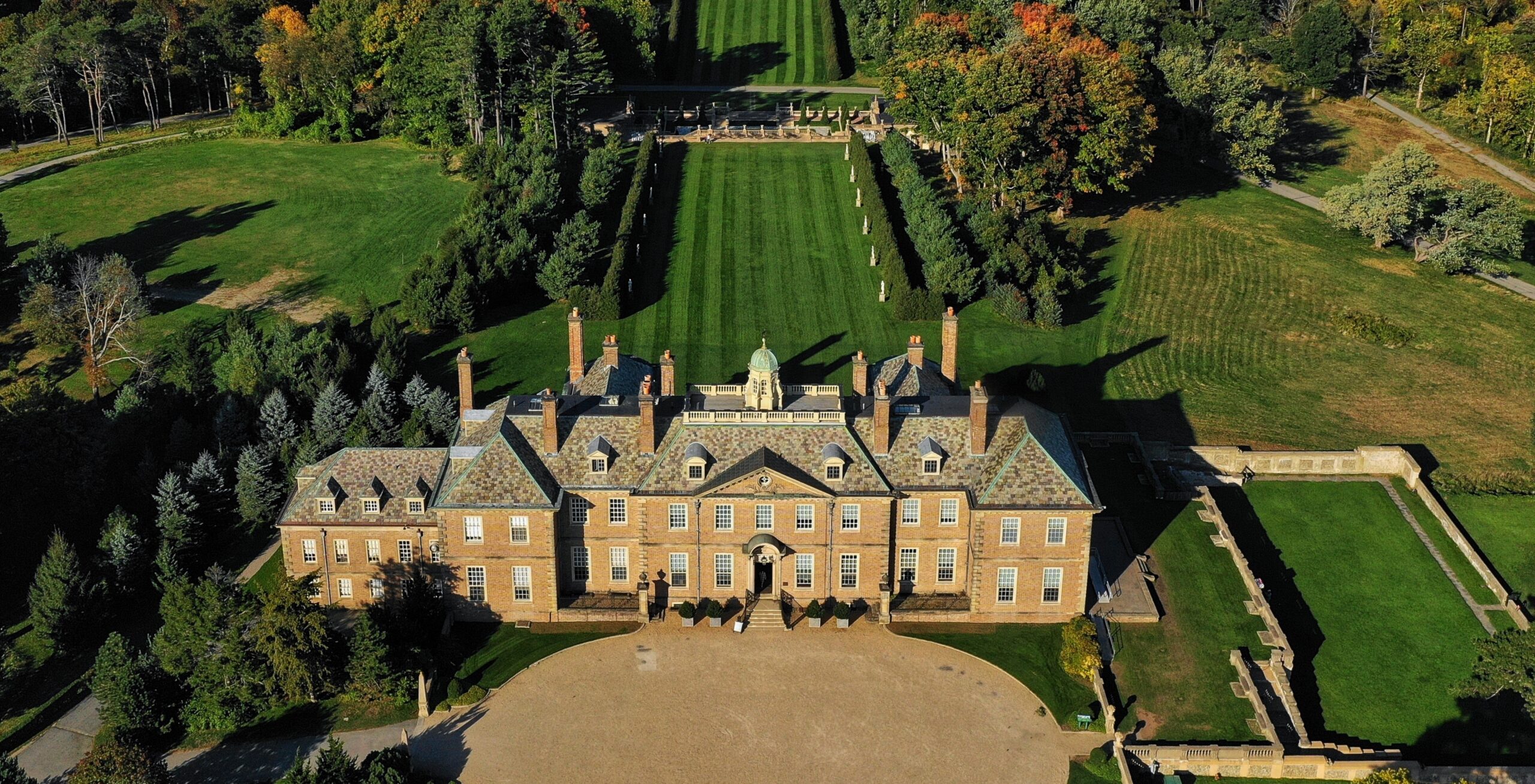 Aerial view of the Great House at Castle Hill on the Crane Estate