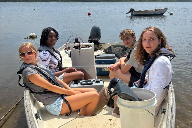 Four people sitting on a small boat