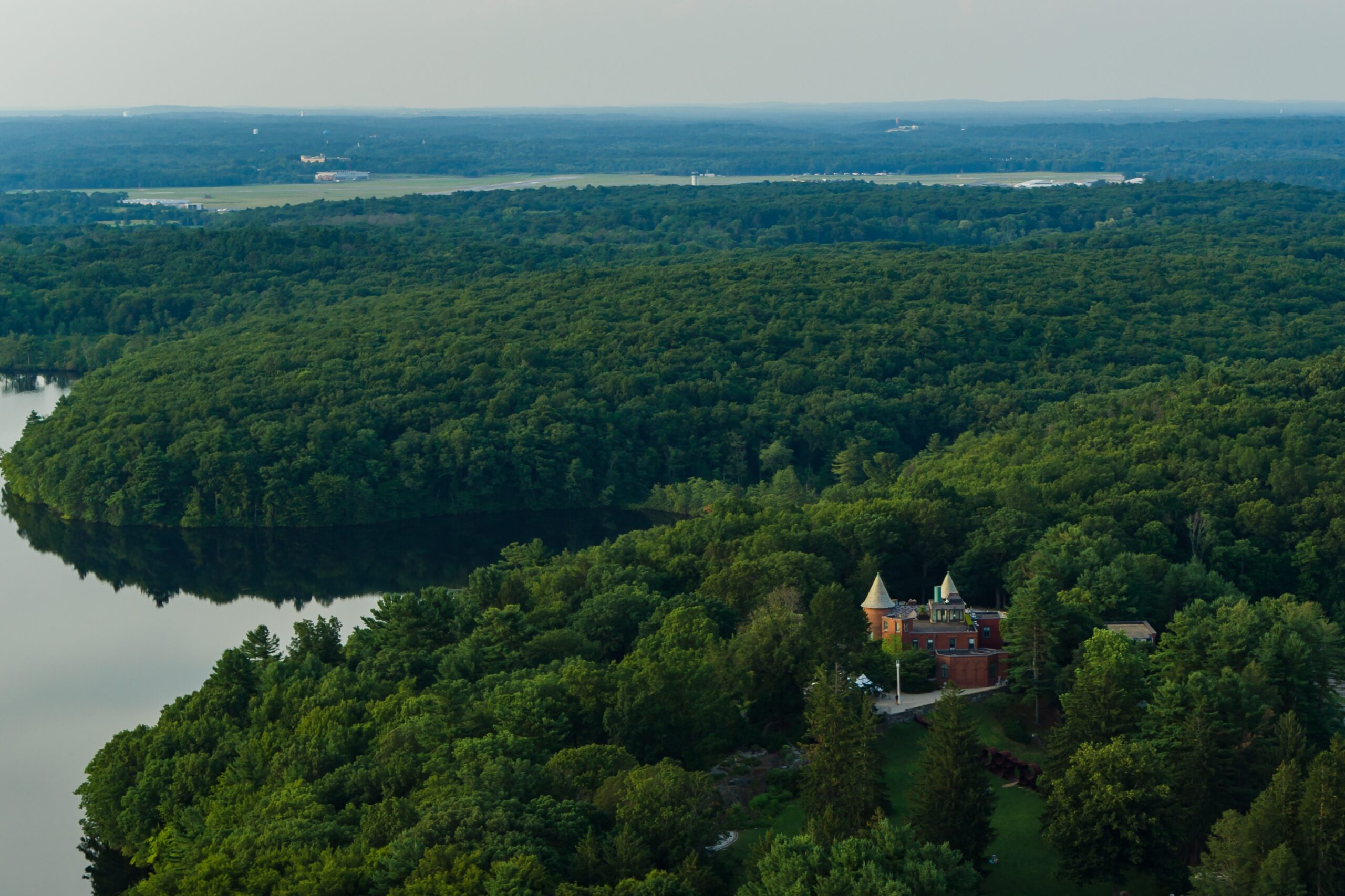 Aerial view of deCordova Sculpture Park and Museum, overlooking Flint’s Pond.