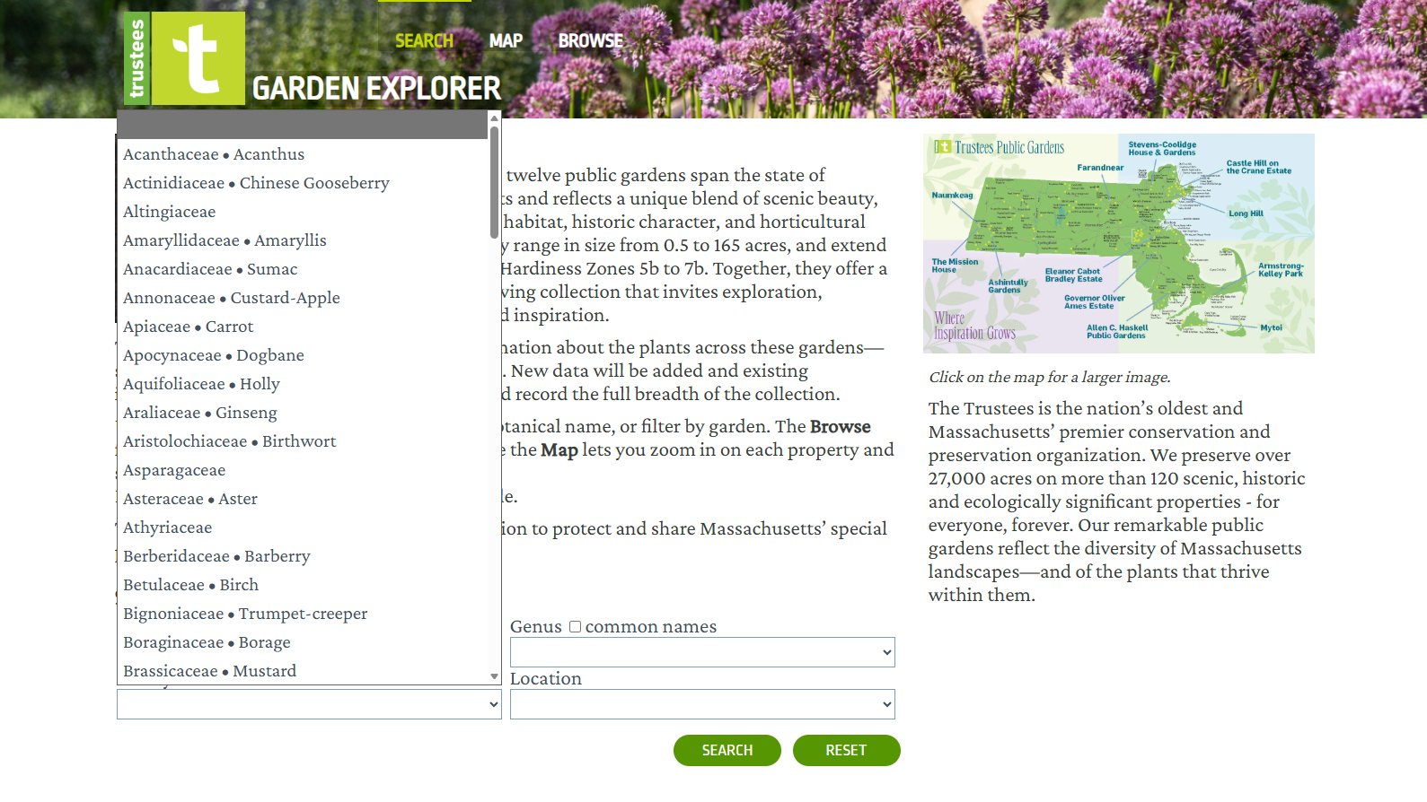 Searching by plant family name on the Garden Explorer - trustees.gardenexplorer.org/