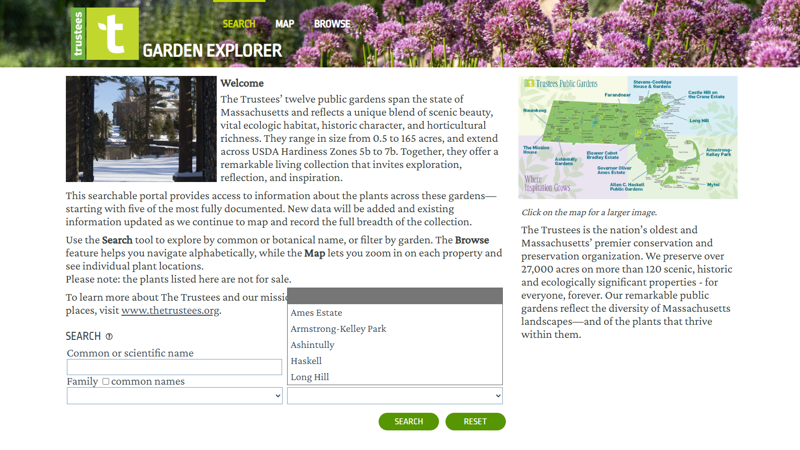 Searching by property location on the Garden Explorer - trustees.gardenexplorer.org/