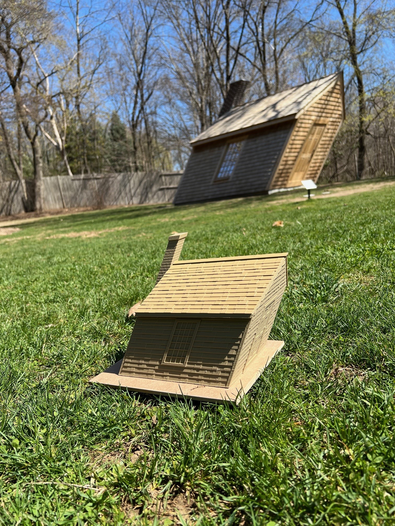 A close-up view of the tactile model of Huff and a Puff by Hugh Hayden, next to the sculpture at deCordova.