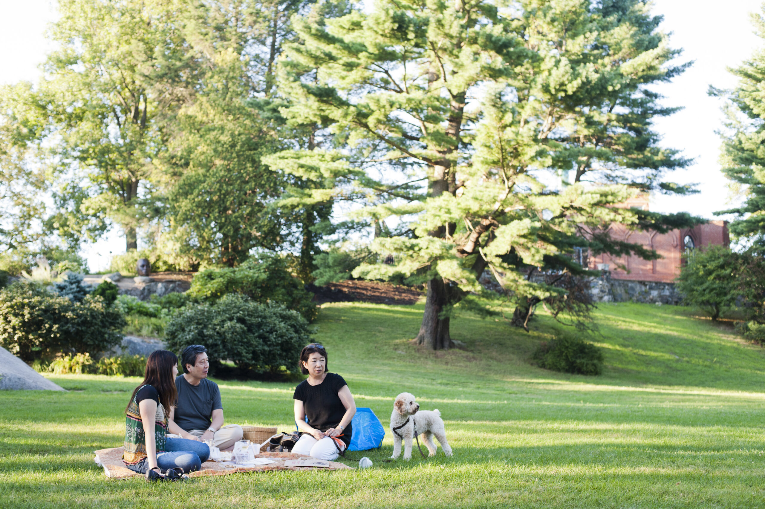 Visitors sit on a blanket on deCordova's lawn.