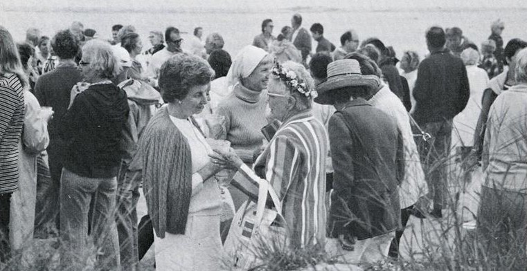 Archival image from The Trustees' 1970 Annual Report featuring a clambake at Wasque where Mary Wakeman was awarded the 1970 Trustees Conservationist Award.