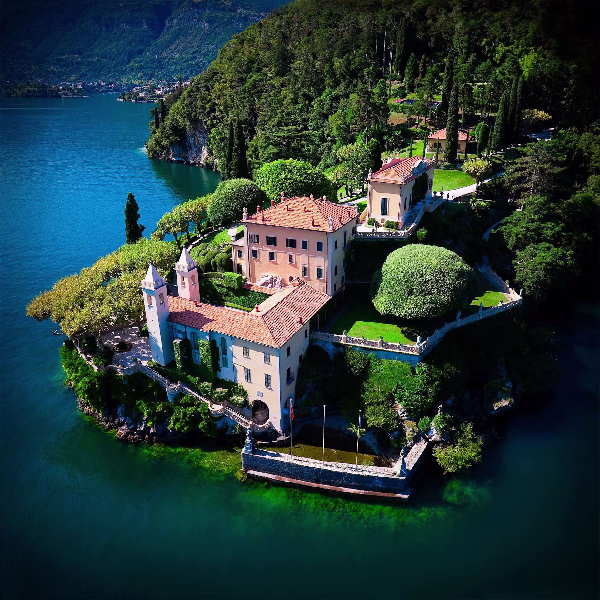 An aerial view of a villa on the coast in Italy