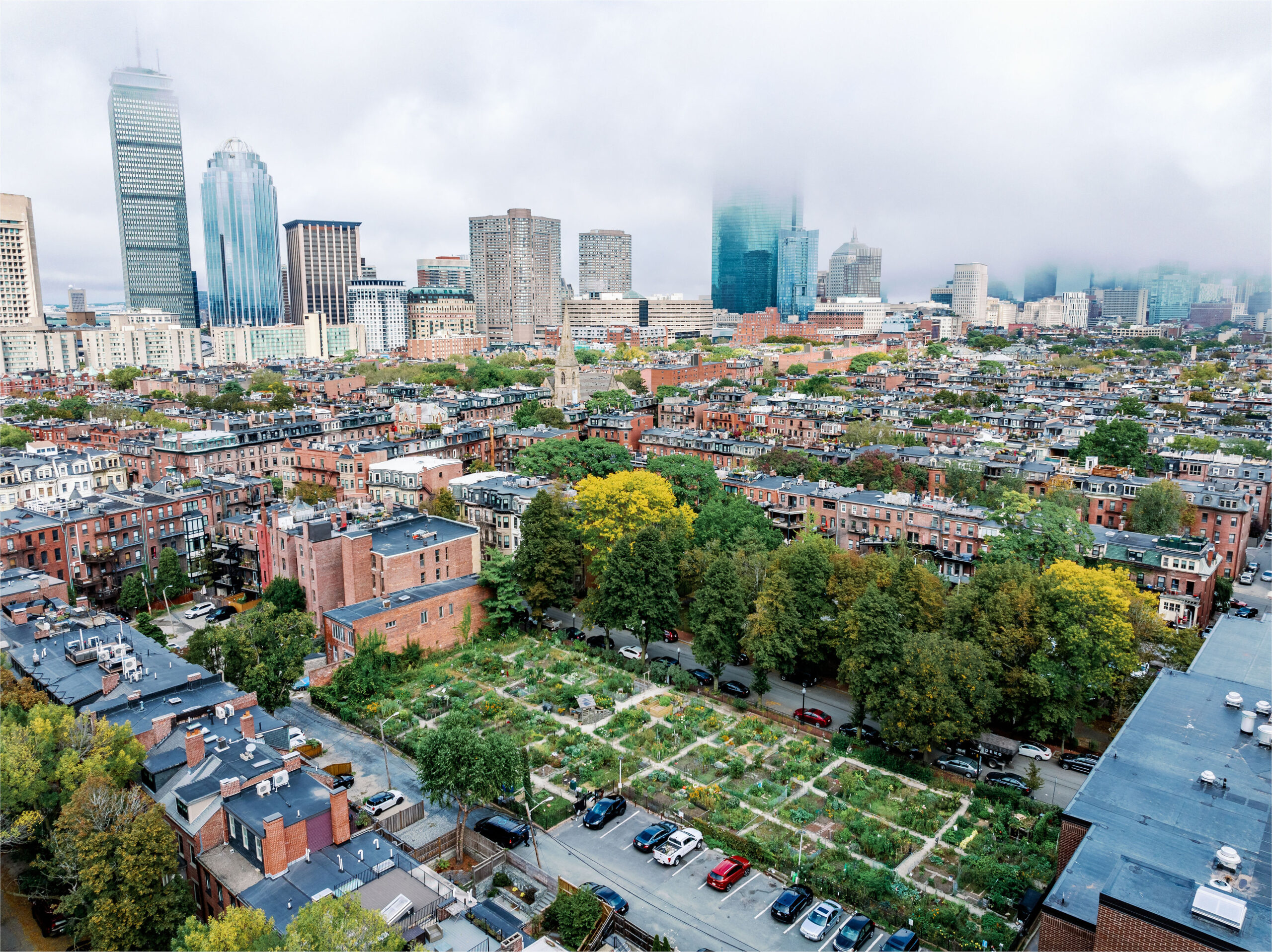 An aerial view of green space at a community garden in Boston