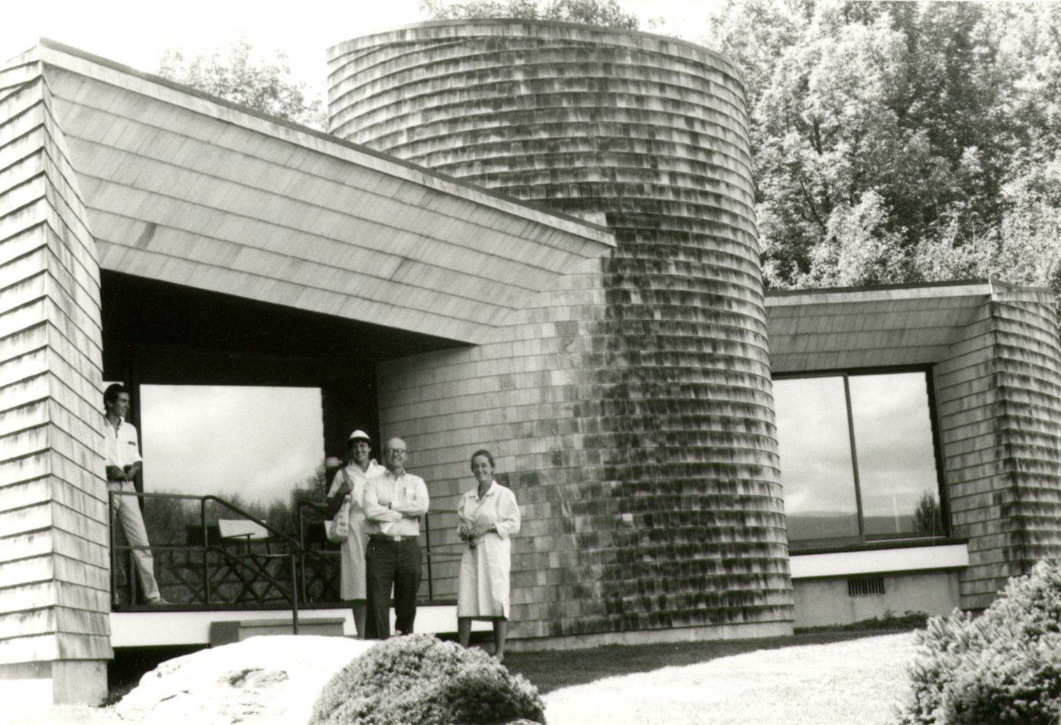 Frannie Colburn, Peter Spang, and Charlotte Sorenson (members of the Trustees Collections Committee) tour The Folly in July 1985.